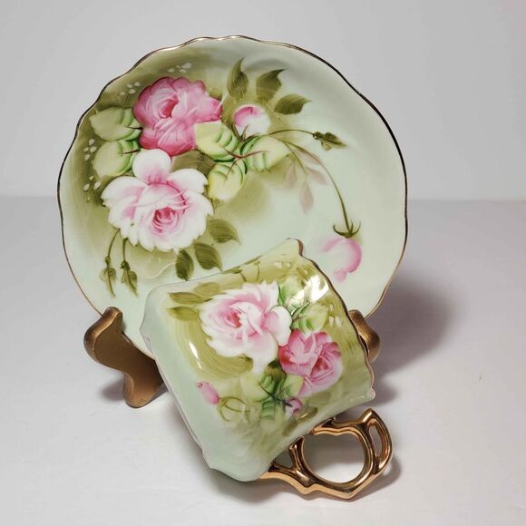 Lefton Teacup and Saucer Green Heritage Pink Roses - Picture 4 of 10